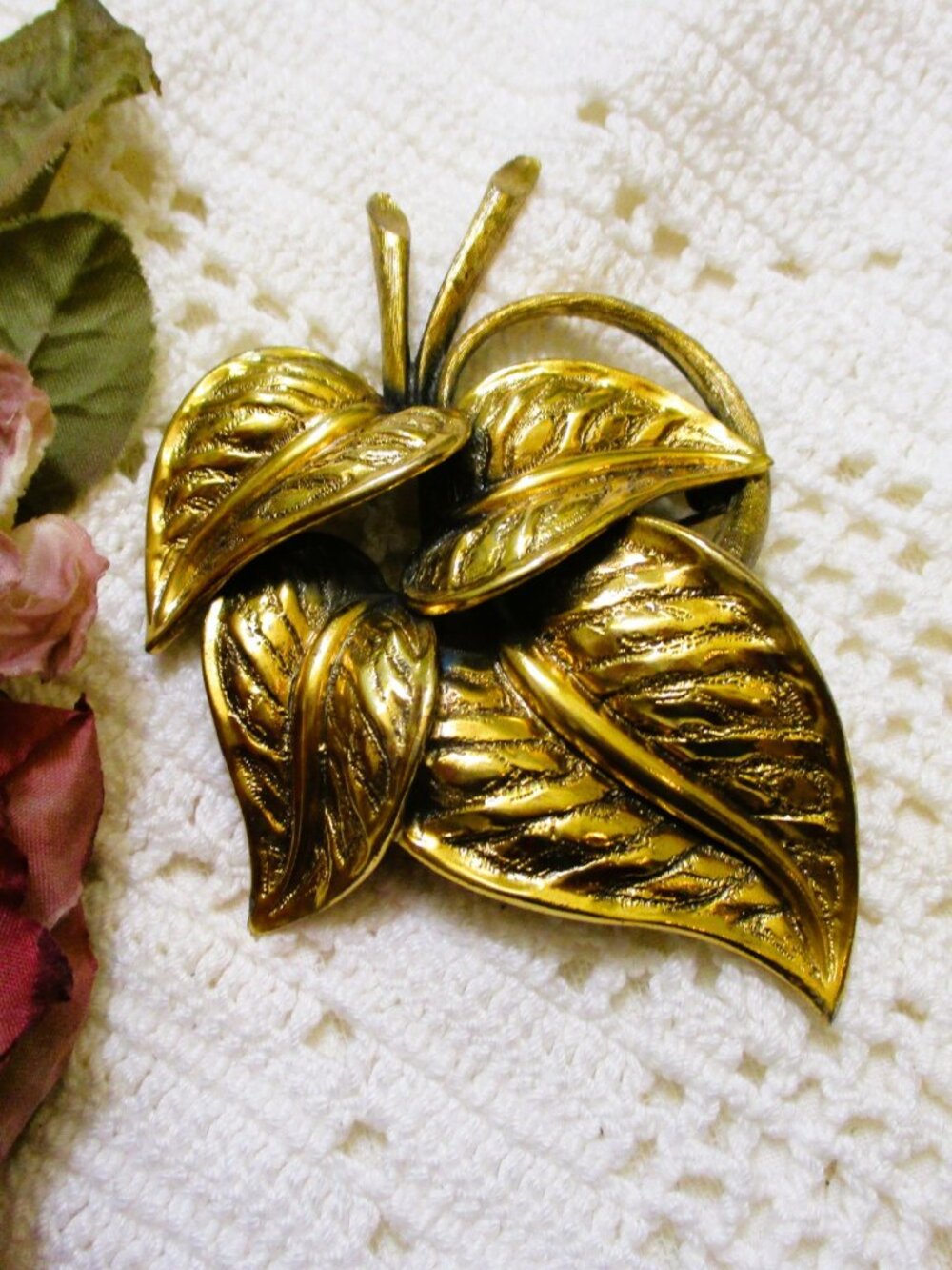 Huge TORTOLANI Leaf Brooch: 24K Gold over Pewter Figural Statement Jewelry